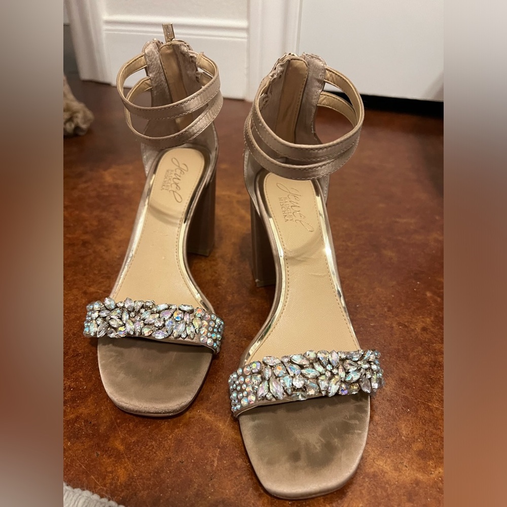 Jewel Badgley Mischka Nude Strap Block Heels - Size 6